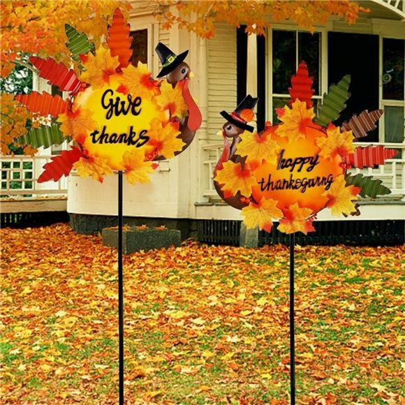 Set of 2 Turkey Garden Stakes Thanksgiving Decor, 36 Inch Metal Fall Turkeys - Picture 1 of 7